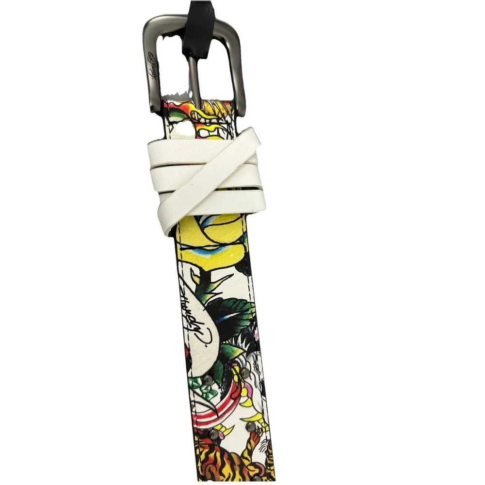 Ed Hardy Men's Skull Tiger Panther Print Belt With Hammered Rivet Studs SZ 40 NW
